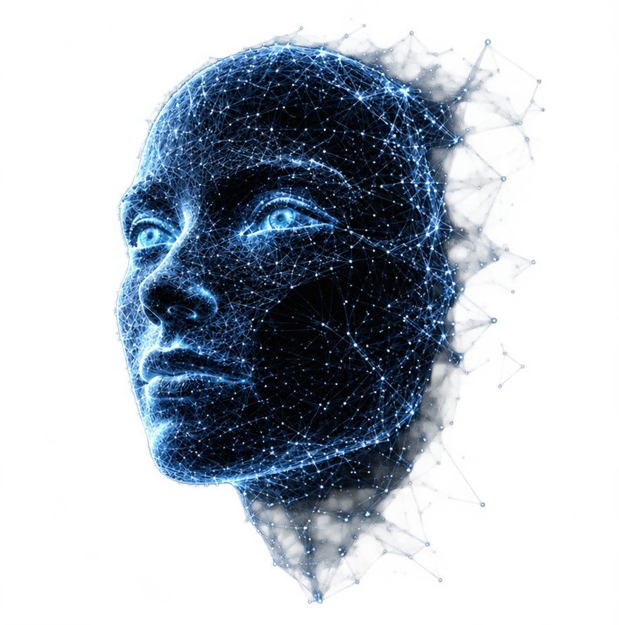 Blue connected-particle AI face.
